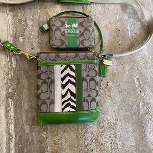 Coach brown with green crossbody, includes matching pouch